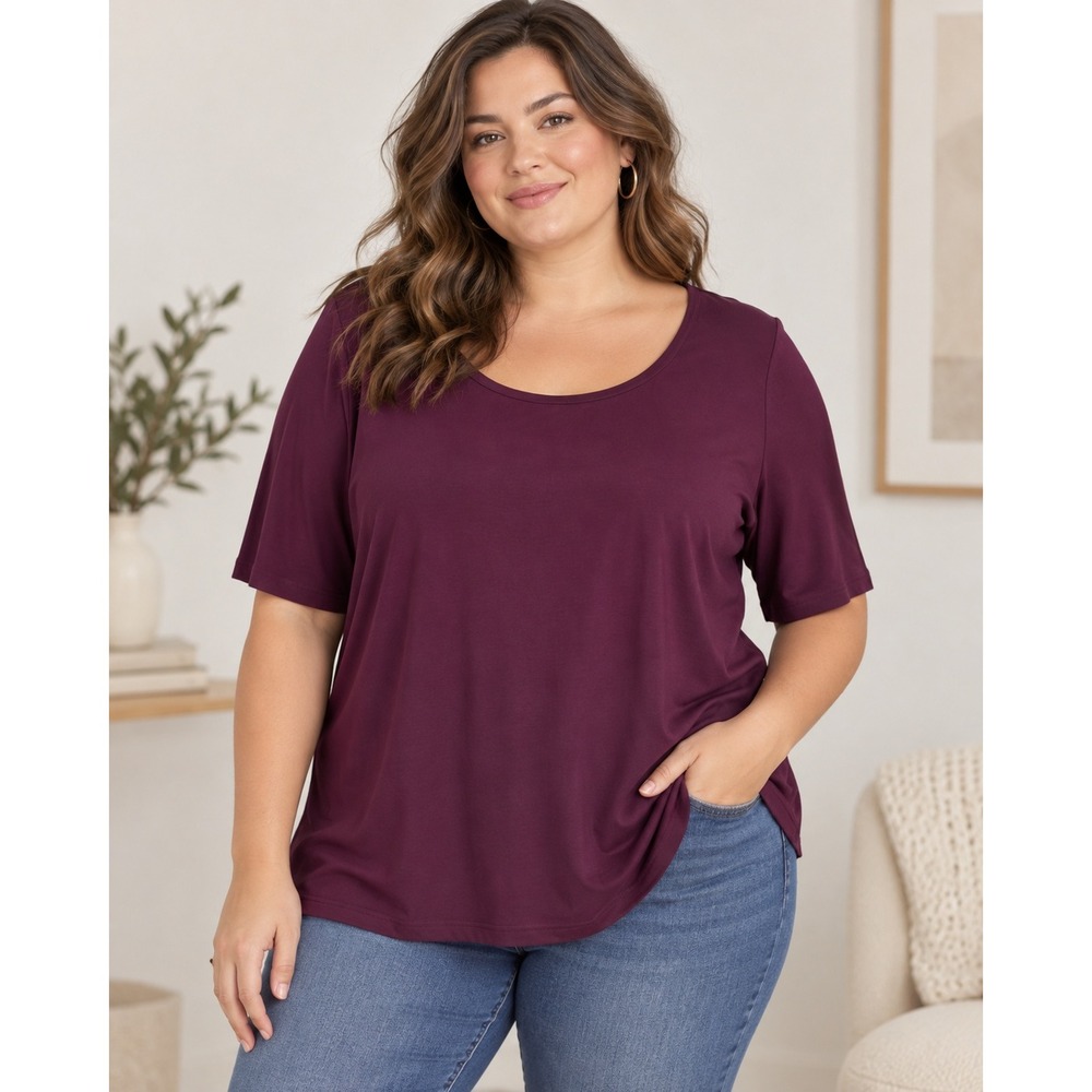 Eileen Fisher Woman Plum Purple Rayon Lycra Scoop Neck Elbow Sleeve Top 1X